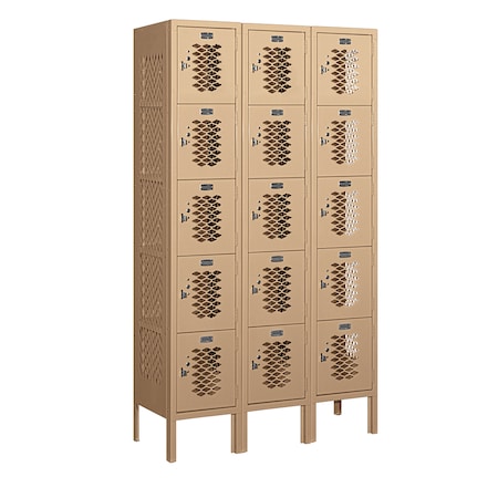 Salsbury Industries 5 Tier Box Vented Locker, 36"Wx66"Hx12"D, 15 Door, Tan, Unassembled 75352TN-U